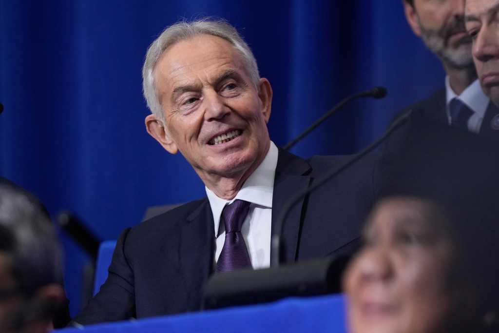 Tony Blair, former Prime Minister of the United Kingdom, attends a Board of Peace meeting at the U.S. Institute of Peace, Thursday, Feb. 19, 2026, in Washington. (AP Photo/Mark Schiefelbein)