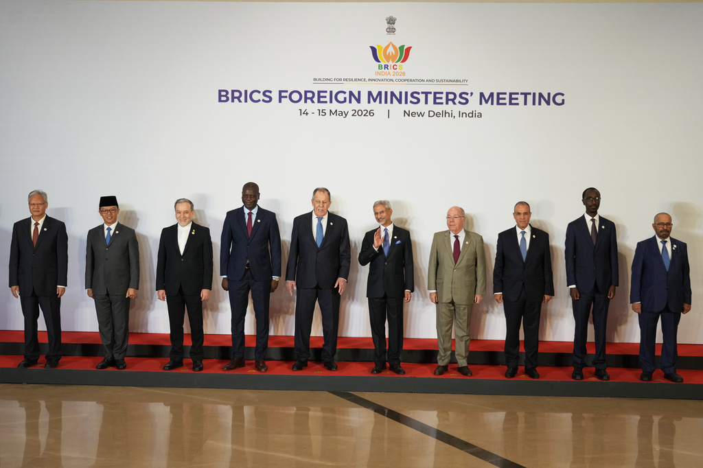 Foreign ministers and representatives of the BRICS nations, from right, UAE's Foreign Minister of State Khalifa bin Shaheen Al Marar, Ethiopia's Minister of Foreign Affairs Gedion Timothewos, Egypt's Foreign Minister Badr Abdelatty, Brazil's Foreign Minister Mauro Vieira, India's Foreign Minister S.Jaishankar, Russia's Foreign Minister Sergey Lavrov, South Africa's Minister of Foreign Affairs Ronald Lamola, Iranian Foreign Minister Abbas Araghchi, Indonesia's Foreign Minister Sugiono and Chinese Ambassador to India Xu Feihong pose for a group photo during a two-day meeting in New Delhi, India, Thursday, May 14, 2026. (AP Photo/Manish Swarup) CORRECTION: Name and designation corrected to UAE's Foreign Minister of State Khalifa bin Shaheen Al Marar, instead of UAE's Minister of State for International Cooperation Reem Al Hashimy.