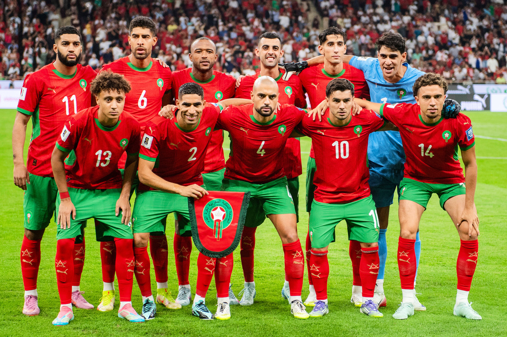 FILE - Morocco players pose for a photo ahead of their World Cup group E qualifying soccer match against Niger at Stade Prince Moulay Abdallah in Rabat, Morocco, Friday, Sept. 5, 2025. (AP Photo, File)