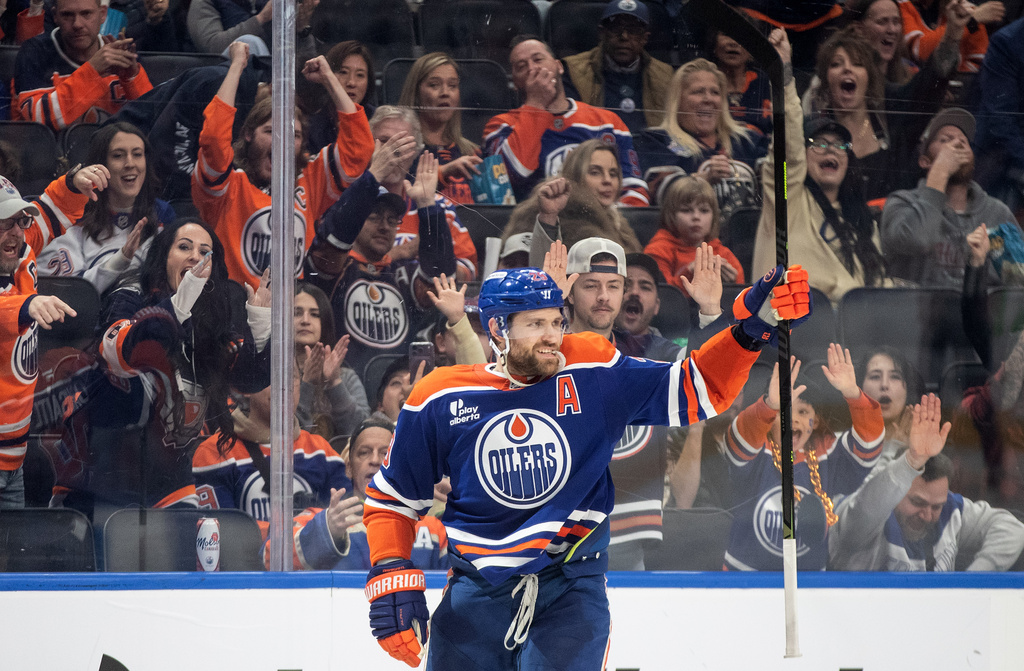 Edmonton Oilers' Leon Draisaitl celebrates a goal against the Los Angeles Kings during the second period of an NHL game, in Edmonton, Alberta, Saturday, Jan. 10, 2026. (Jason Franson/The Canadian Press via AP)