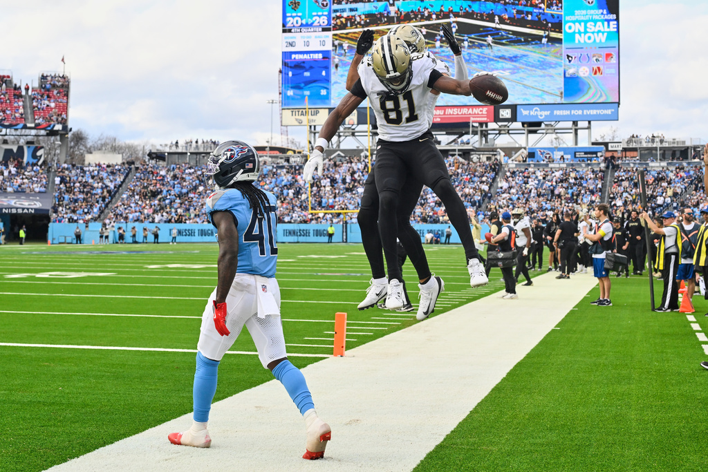 New Orleans Saints wide receiver Kevin Austin Jr. (81) celebrates his touchdown reception in the second half of an NFL football game against the Tennessee Titans, Sunday, Dec. 28, 2025, in Nashville, Tenn. (AP Photo/John Amis)