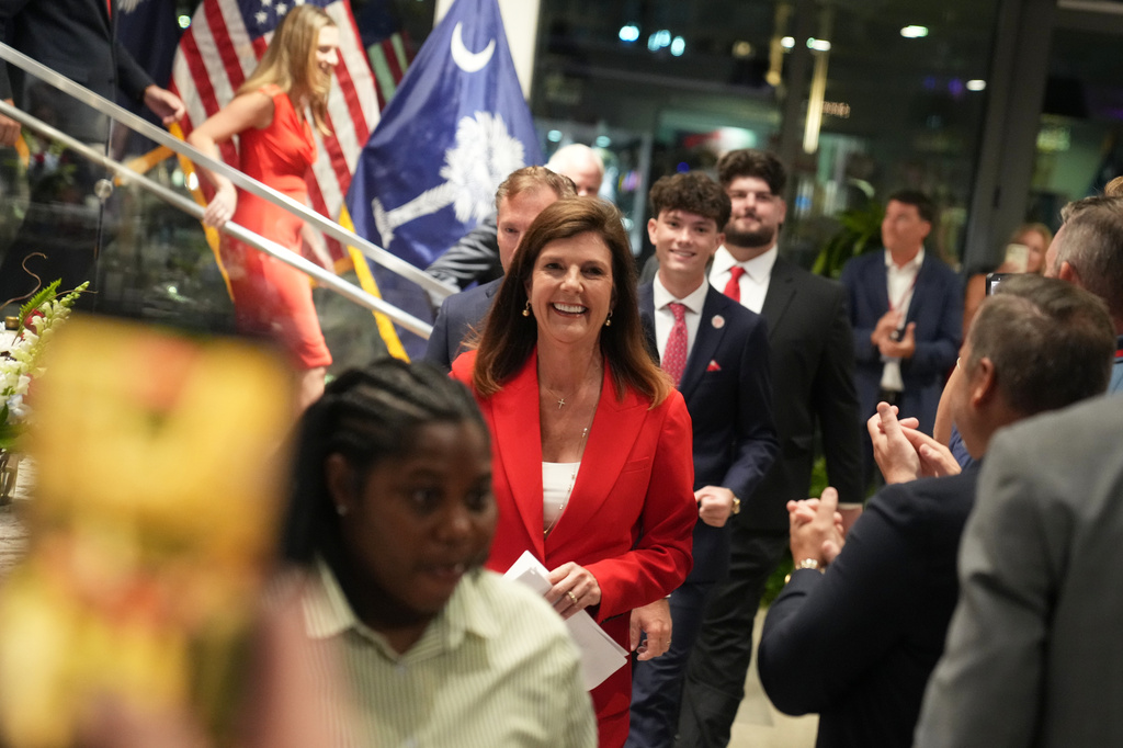 South Carolina Lt. Gov. Pamela Evette arrives to speak at an election night watch party after advancing to a GOP primary runoff in the governor's race on Tuesday, June 9, 2026, in Greenville, S.C. (AP Photo/Meg Kinnard)