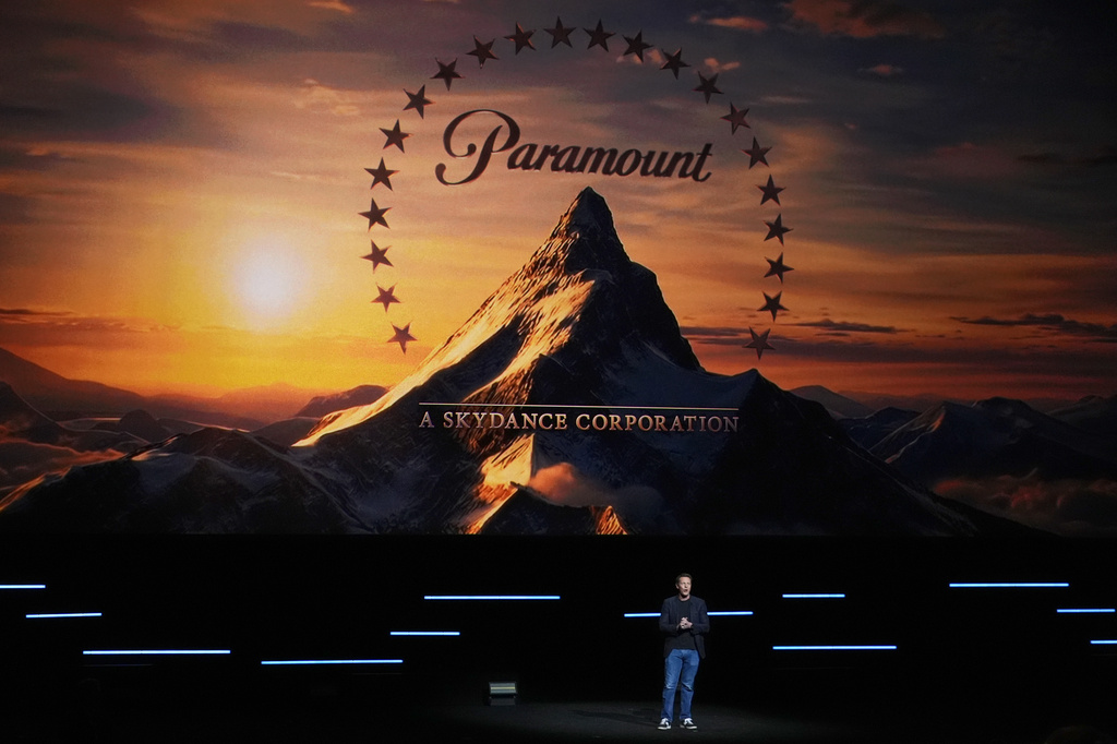 David Ellison, CEO of Paramount Skydance, speaks during the Paramount Pictures presentation at CinemaCon on Thursday, April 16, 2026, at Caesars Palace in Las Vegas. (AP Photo/Chris Pizzello)