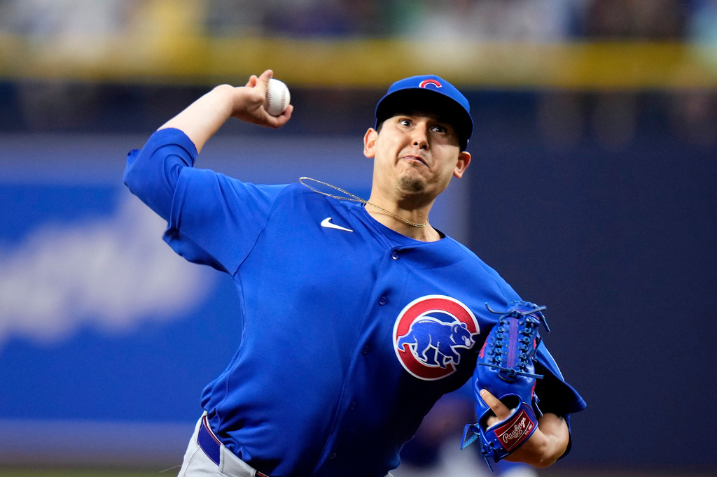Chicago Cubs pitcher Javier Assad delivers to the Tampa Bay Rays during the first inning of a baseball game Tuesday, April 7, 2026, in St. Petersburg, Fla. (AP Photo/Chris O'Meara)