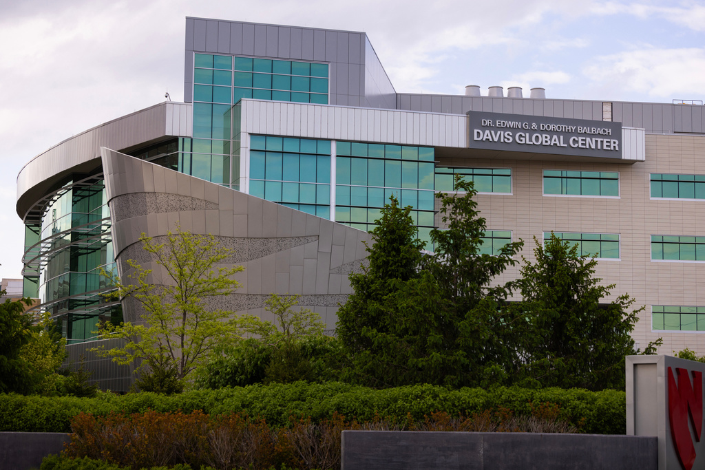 Nebraska Medicine's Davis Global Center is seen on Sunday, May 10,2026 in Omaha, Neb. where American passengers from the hantavirus-stricken cruise ship will quarantine. (AP Photo/Rebecca S. Gratz)