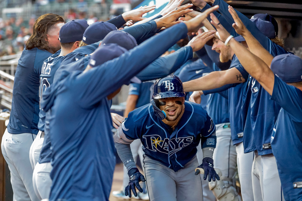 Tampa Bay Rays' Victor Mesa Jr. celebrates in the dugout after hitting a solo home run against the Atlanta Braves during the second inning of a baseball game, Wednesday, Sept. 9, 2026, in Atlanta. (AP Photo/Erik S. Lesser)