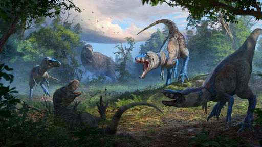 This illustration provided by Friends of the North Carolina State Museum of Natural Sciences shows a possible new group of small tyrannosaurs attacking a young T. rex. (Anthony Hutchings, Friends of the North Carolina State Museum of Natural Sciences via AP) This illustration provided by Friends of the North Carolina State Museum of Natural Sciences shows a possible new group of small tyrannosaurs attacking a young T. rex. (Anthony Hutchings, Friends of the North Carolina State Museum of Natural Sciences via AP)