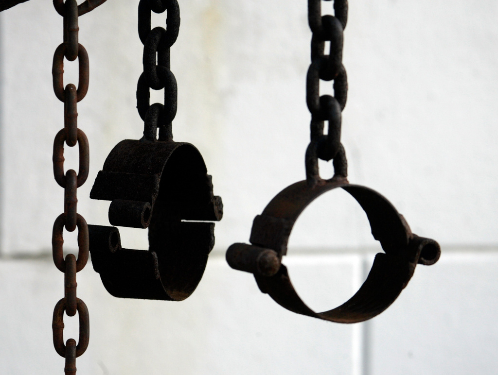 FILE — These shackles, shown on the property of St. Augustine Church in New Orleans on March 6, 2008, are part of the shrine dedicated to the unknown slave. (AP Photo/Bill Haber, File)