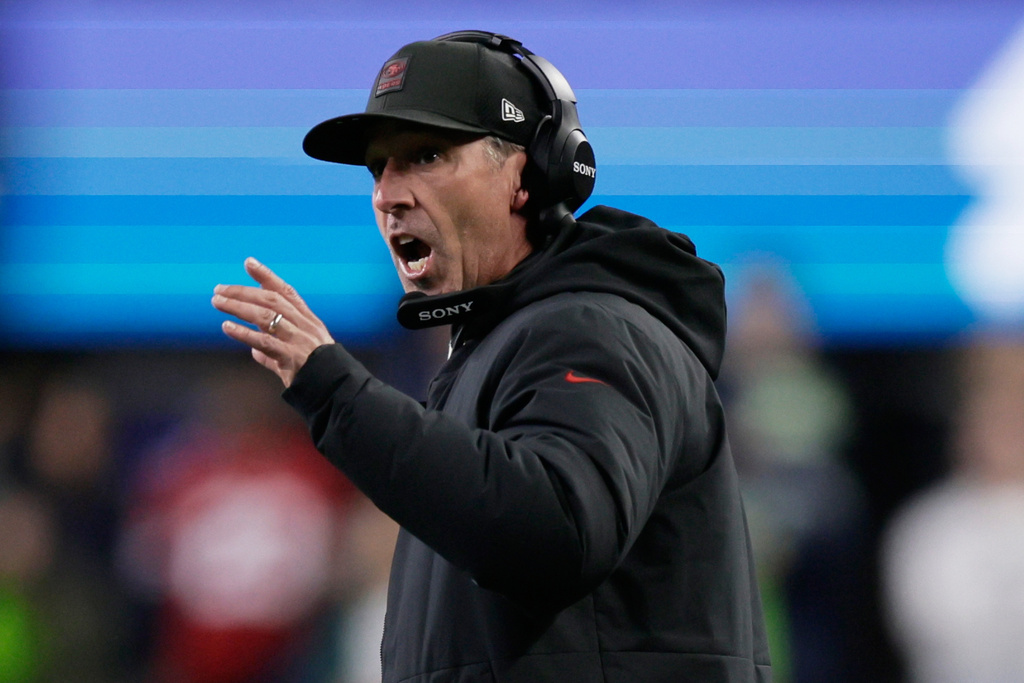 San Francisco 49ers head coach Kyle Shanahan reacts during the first half of an NFL football divisional playoff game against the Seattle Seahawks, Saturday, Jan. 17, 2026, in Seattle. (AP Photo/John Froschauer)