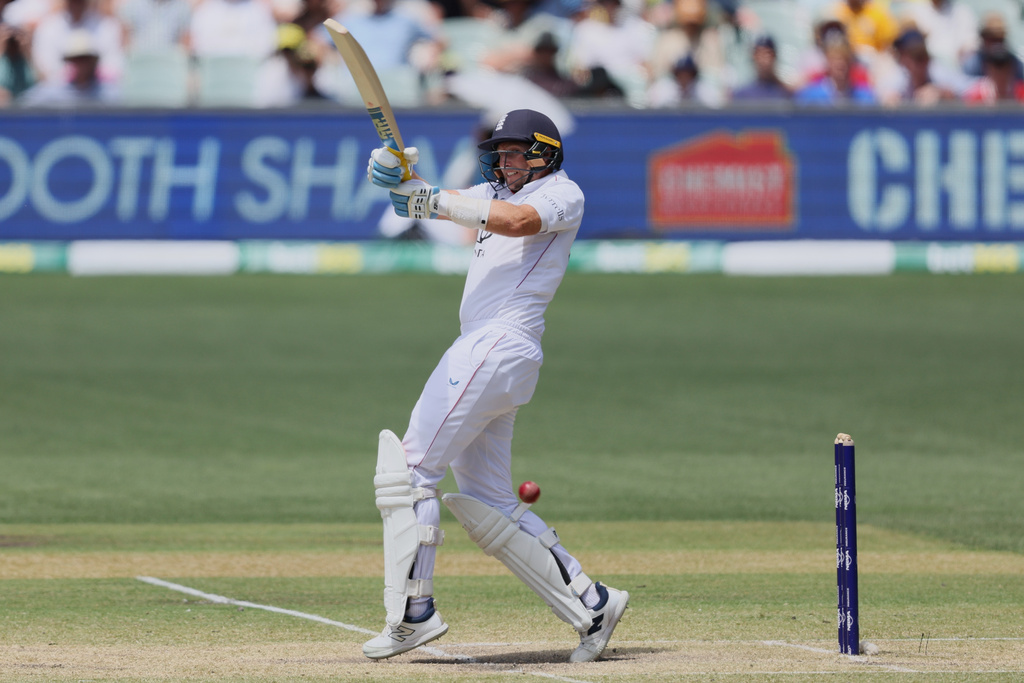 England's Joe Root bats during play on day four of the third Ashes cricket test between England and Australia in Adelaide, Australia, Saturday, Dec. 20, 2025. (AP Photo/James Elsby)