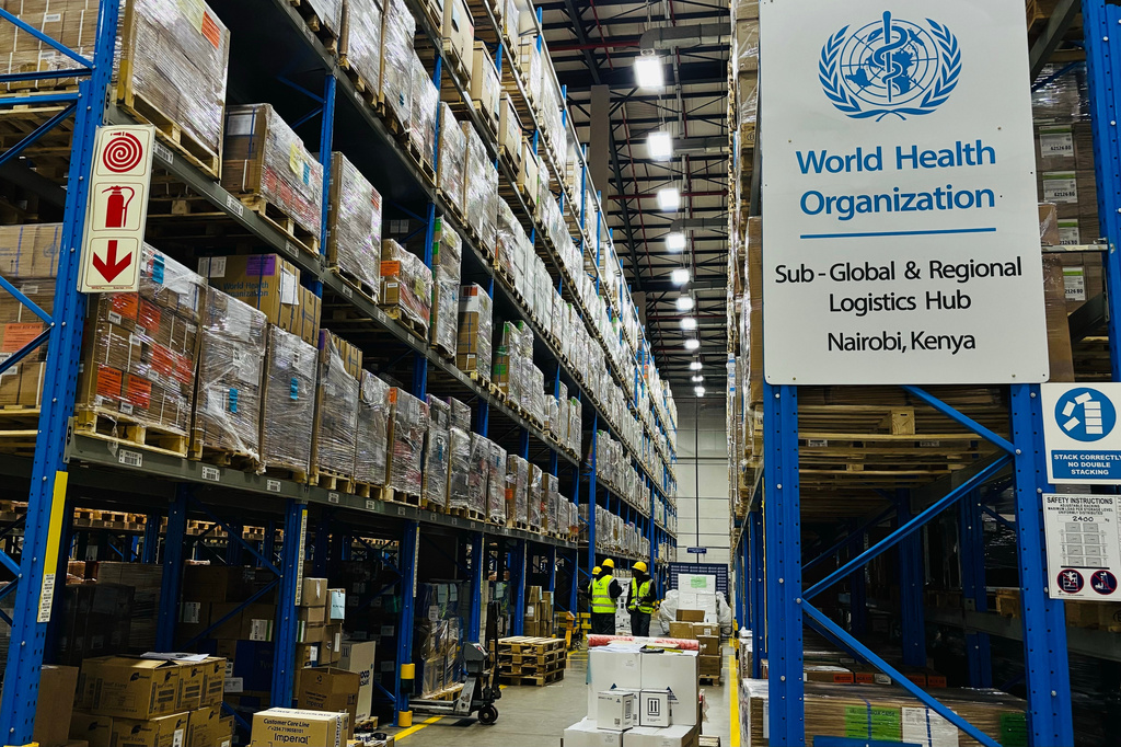 Medical supplies are stacked inside a World Health Organization (WHO) warehouse in Nairobi, Kenya, Monday, May 18, 2026. (AP Photo/Jackson Njehia)