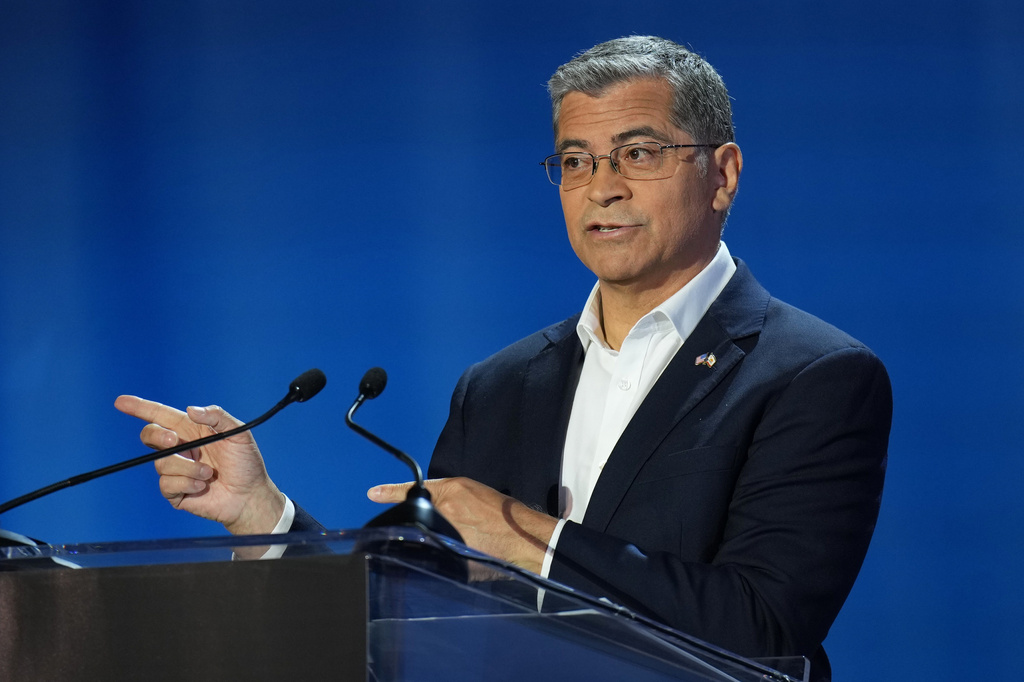 Xavier Becerra speaks during a gubernatorial debate hosted by CBS LA at Pomona College in Claremont, Calif., Tuesday, April 28, 2026. (AP Photo/Jae C. Hong)