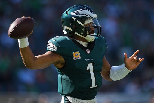 Philadelphia Eagles quarterback Jalen Hurts looks to pass during the second half of an NFL football game against the Denver Broncos on Sunday, Oct. 5, 2025, in Philadelphia. (AP Photo/Matt Rourke) Philadelphia Eagles quarterback Jalen Hurts looks to pass during the second half of an NFL football game against the Denver Broncos on Sunday, Oct. 5, 2025, in Philadelphia. (AP Photo/Matt Rourke)