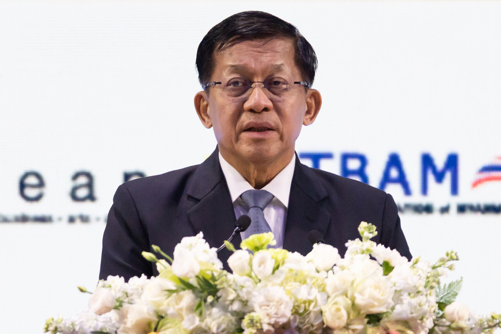 Myanmar President Min Aung Hlaing speaks during Thailand-Myanmar Business Forum in Bangkok, Thailand, Thursday, Aug. 6, 2026. (AP Photo/Wason Wanichakorn)