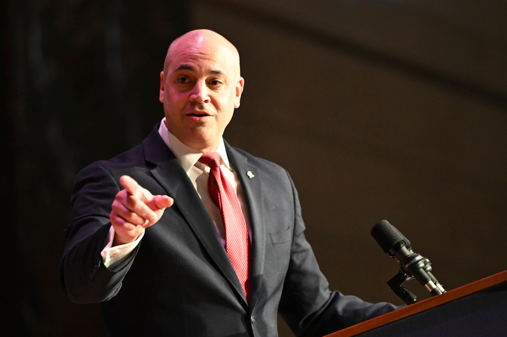 FILE - Dave Sunday gestures while speaking to the audience in the Forum Auditorium across the street from the Capitol after taking the oath of office to become Pennsylvania's next attorney general, Jan. 21, 2025, in Harrisburg, Pa. (AP Photo/Marc Levy, File)
