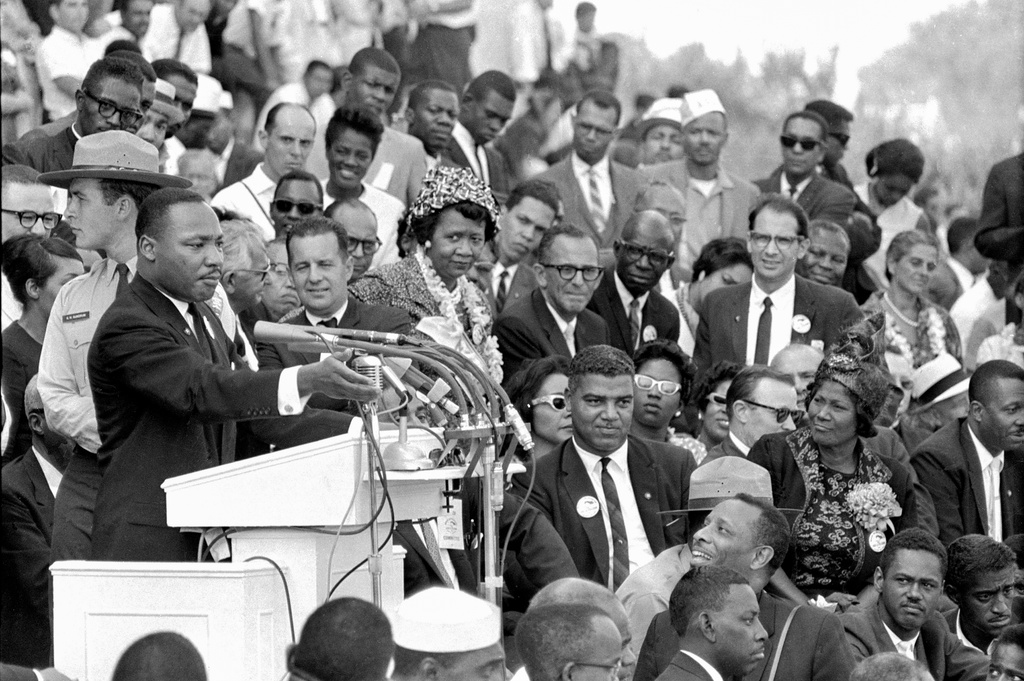 FILE - The Rev. Dr. Martin Luther King Jr., head of the Southern Christian Leadership Conference, speaks to thousands during his "I Have a Dream" speech in front of the Lincoln Memorial for the March on Washington for Jobs and Freedom, Aug. 28, 1963, in Washington. (AP Photo/File)