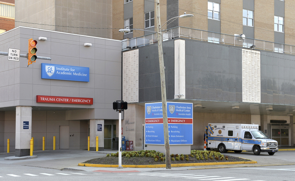 The emergency department entrance for CAMC General Hospital, on the northeast corner of Brooks and Washington Streets in Charleston, W.Va., is seen on Friday, Aug. 8, 2025. (Christopher Millette/Charleston Gazette-Mail via AP)