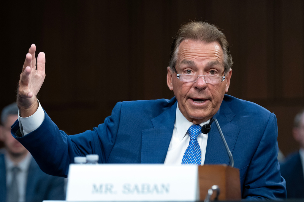 Former University of Alabama football coach Nick Saban testifies before Senate Committee on Commerce, Science, and Transportation hearing to examine college sports, supporting student athletes, and fair competition on Capitol Hill, Wednesday, June 3, 2026, in Washington. (AP Photo/Jose Luis Magana)