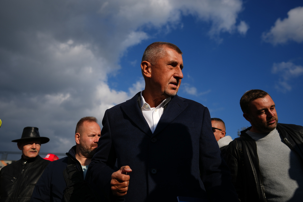 Chairman of opposition "ANO" (YES) movement Andrej Babis talks to his supporters during a rally ahead of Parliamentary elections in Prague, Czech Republic, Sept. 30, 2025. (AP Photo/Petr David Josek)