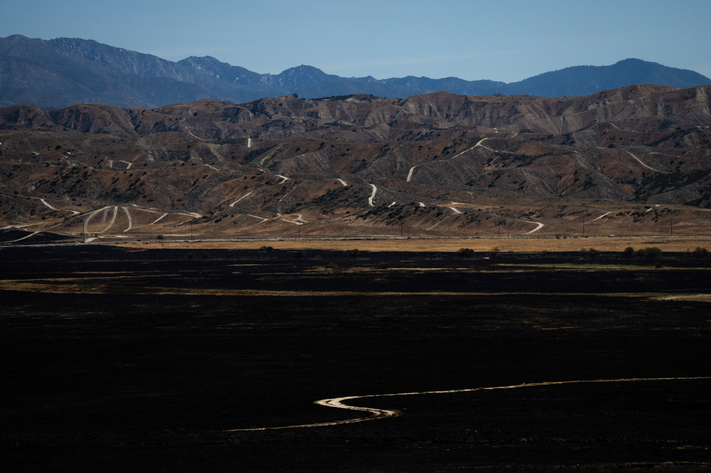 A charred field is seen after the Springs Fire in Moreno Valley, Calif., Saturday, April 4, 2026. (AP Photo/Jae C. Hong)