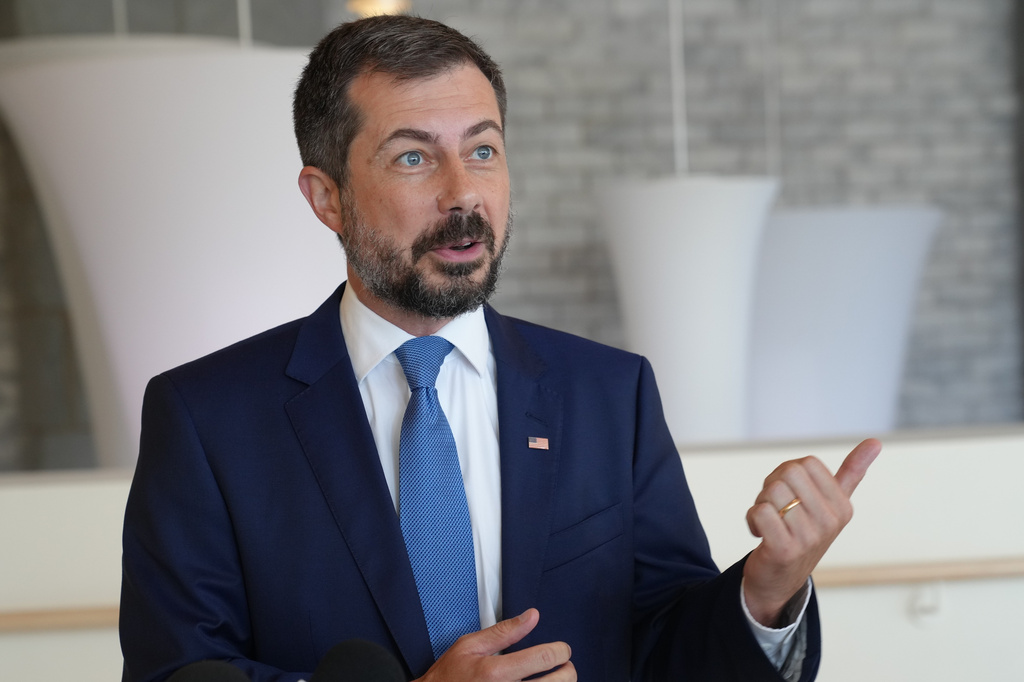 Former Transportation Secretary Pete Buttigieg speaks to reporters after speaking at the South Carolina Democratic Party's Spratt Issues Conference, Saturday, Aug. 22, 2026, in Florence, S.C. (AP Photo/Meg Kinnard)