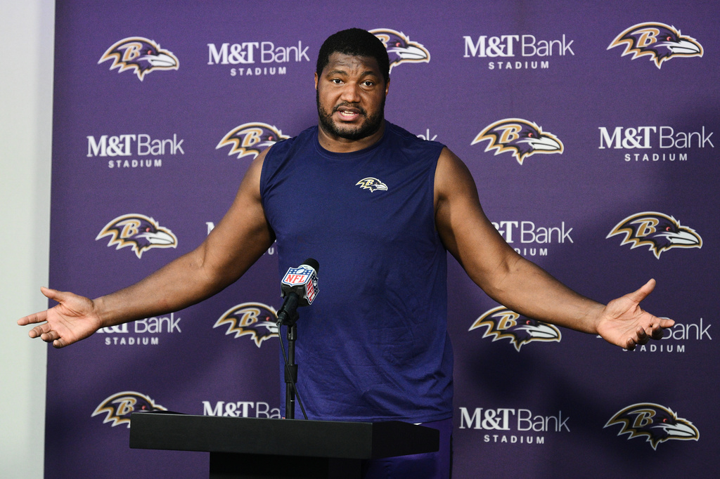 Baltimore Ravens defensive end Calais Campbell (93) speaks during a press conference after an NFL football game against the Cincinnati Bengals in Baltimore, Sunday, Oct. 25, 2026. (AP Photo/Nick Wass)