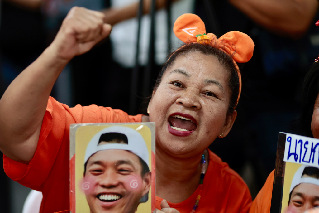 Supporters of the People's Party gesture as they gather at party headquarter for the result of the general election in Bangkok, Sunday, Feb. 8, 2026. (AP Photo/Wason Wanichakorn)