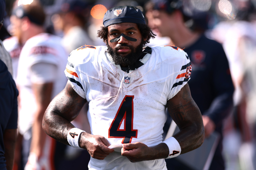 Chicago Bears running back D'Andre Swift (4) looks on after an NFL football game, Sunday, Sept. 13, 2026, in Charlotte, N.C. (AP Photo/Scott Kinser)