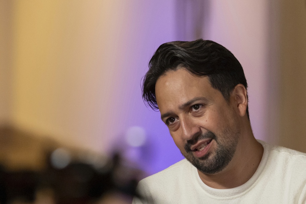Lin-Manuel Miranda is interviewed during the closing event of the Flamboyan Arts Fund at the Museum of Contemporary Art in San Juan, Puerto Rico, Saturday, Sept. 13, 2025. (AP Photo/Alejandro Granadillo)