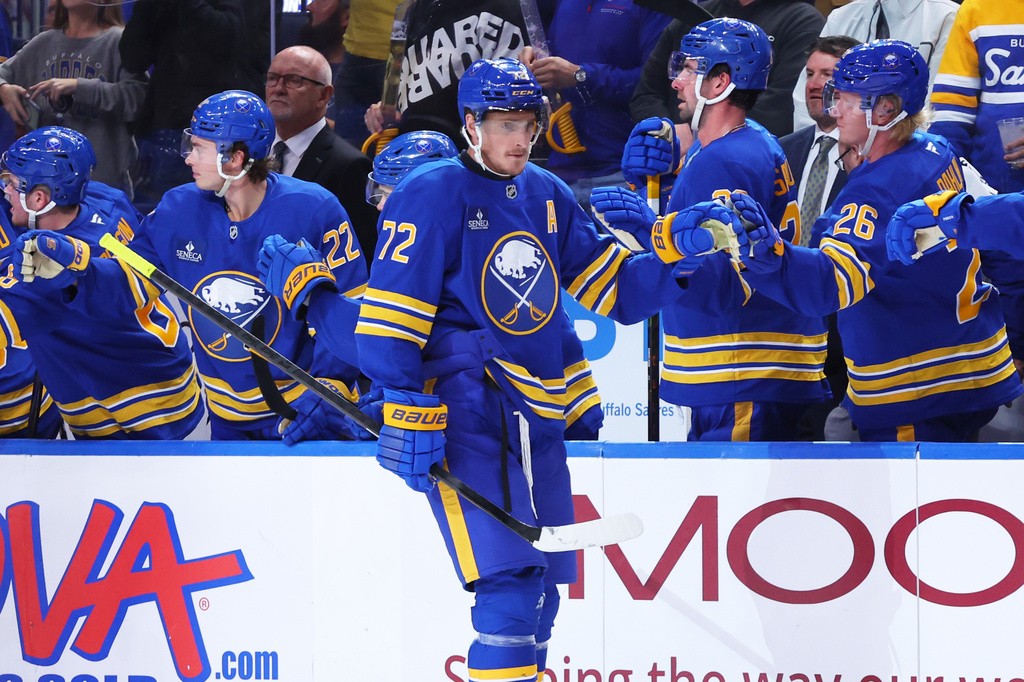 Buffalo Sabres center Tage Thompson (72) celebrates his goal during the second period of an NHL hockey game against the Chicago Blackhawks Saturday, Oct. 3, 2026, in Buffalo, N.Y. (AP Photo/Jeffrey T. Barnes)
