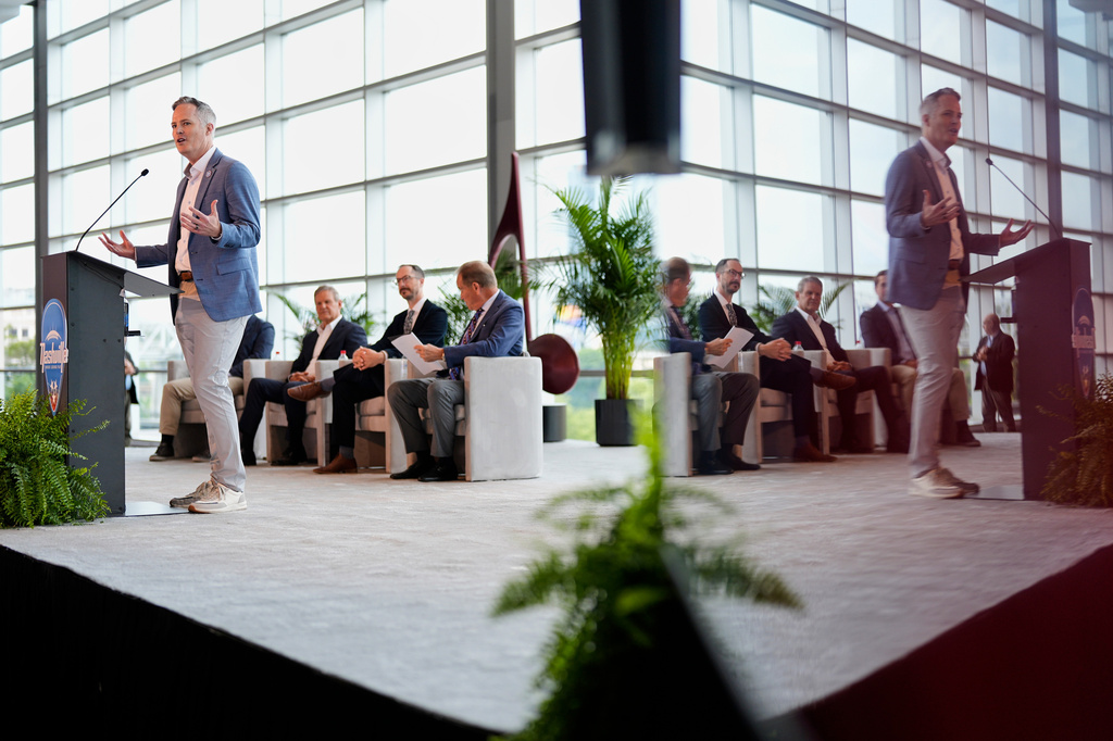 Tennessee Titans President and CEO Burke Nihill speaks during a news conference Wednesday, May 20, 2026, celebrating the 2030 Super Bowl being held at the Tennessee Titans football team's Nissan Stadium in Nashville, Tenn. (AP Photo/George Walker IV)