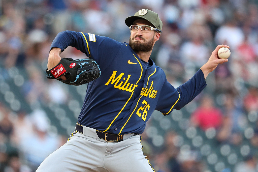 Milwaukee Brewers pitcher Aaron Ashby delivers against the Minnesota Twins during the sixth inning of a baseball game, Friday, May 15, 2026, in Minneapolis. (AP Photo/Matt Krohn)