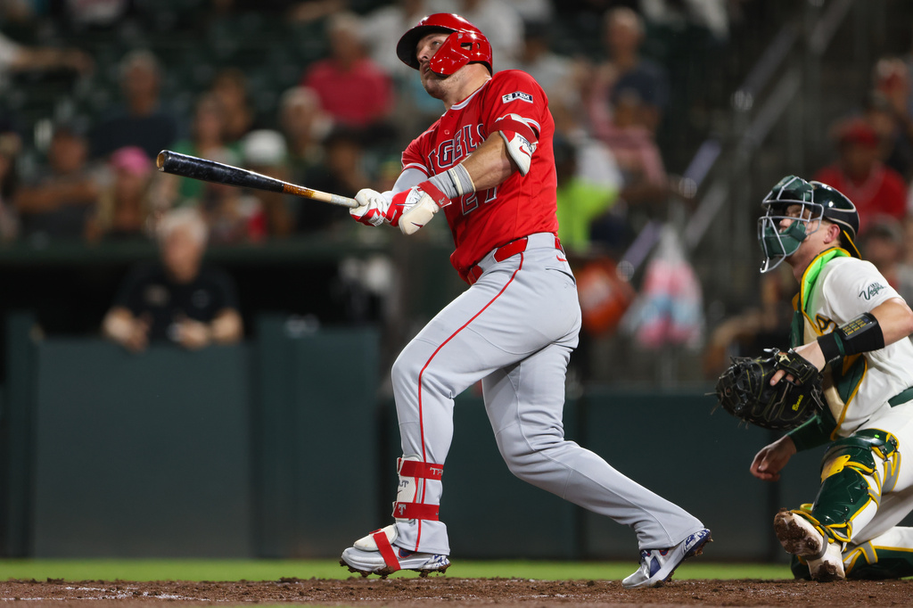 Los Angeles Angels' Mike Trout watches his solo home run during the fourth inning of a baseball game against the Athletics Wednesday, Sept. 23, 2026, in West Sacramento, Calif. (AP Photo/Scott Marshall)