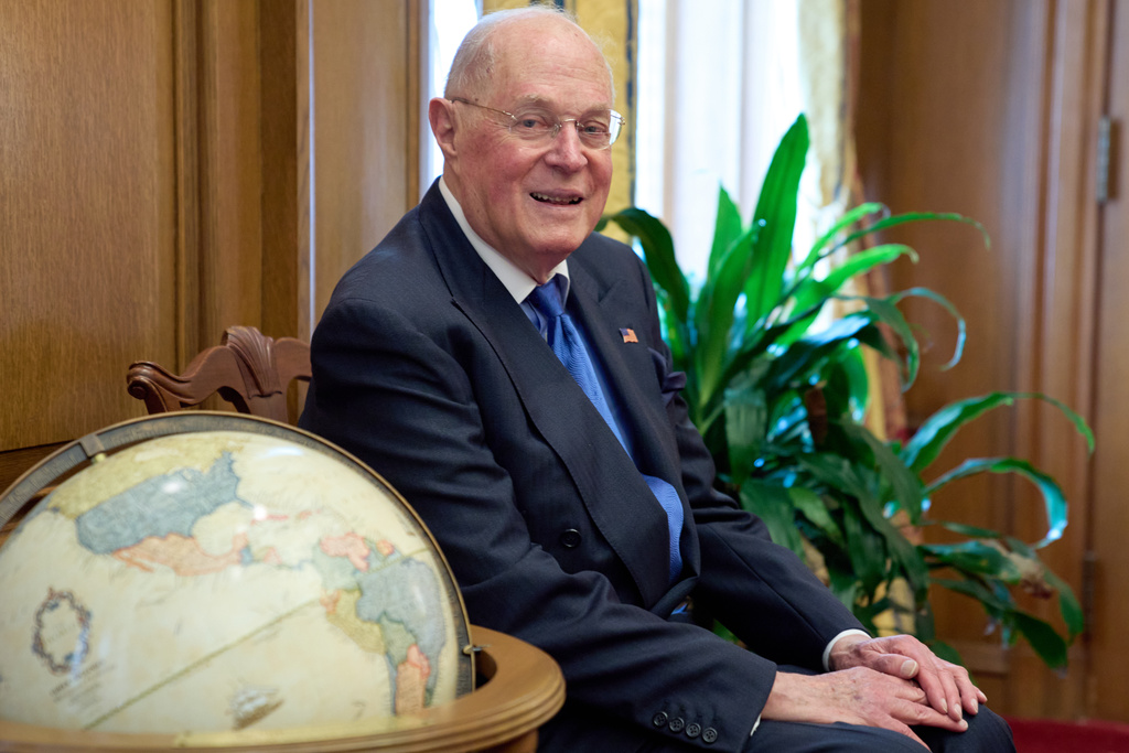 Retired Supreme Court Justice Anthony Kennedy, 88, poses for a portrait, Wednesday, Oct. 8, 2025, in his office at the Supreme Court in Washington. (AP Photo/Jacquelyn Martin)