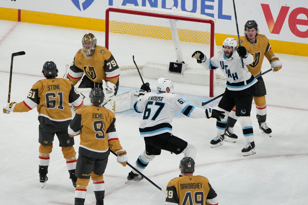 Utah Mammoth left wing Lawson Crouse (67) celebrates after scoring against Vegas Golden Knights goaltender Carter Hart (79) during the second period of Game 5 of a first-round NHL hockey Stanley Cup playoff series Wednesday, April 29, 2026, in Las Vegas. (AP Photo/John Locher)