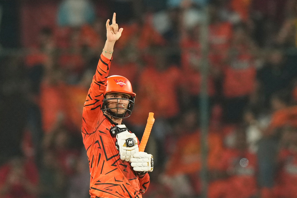 Sunrisers Hyderabad's Abhishek Sharma celebrates his century during the Indian Premier League cricket match between Sunrisers Hyderabad and Delhi Capitals in Hyderabad, India, Tuesday, April 21, 2026. (AP Photo/Mahesh Kumar A.)