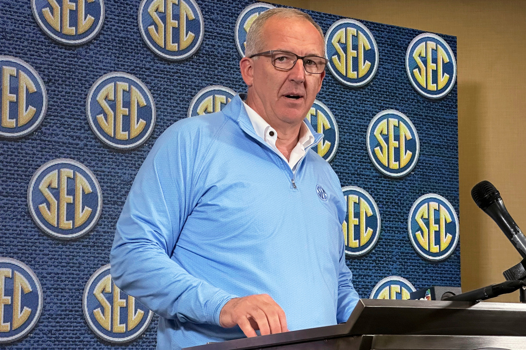 FILE - Southeastern Conference Commissioner Greg Sankey speaks to reporters during the conference's spring meetings, May 30, 2023, in Destin, Fla. (AP Photo/Ralph Russo, File)