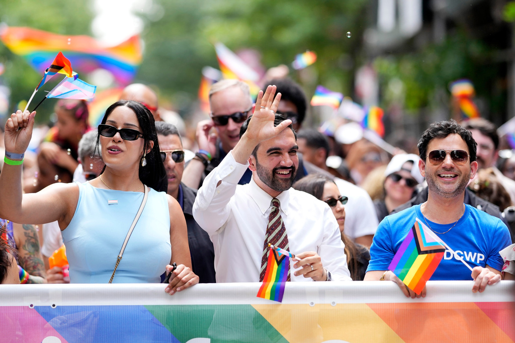 New York Mayor Zohran Mamdani, center, walks in the 57th annual NYC Pride March on Sunday, June 28, 2026, in New York. (Photo by Charles Sykes/Invision/AP)