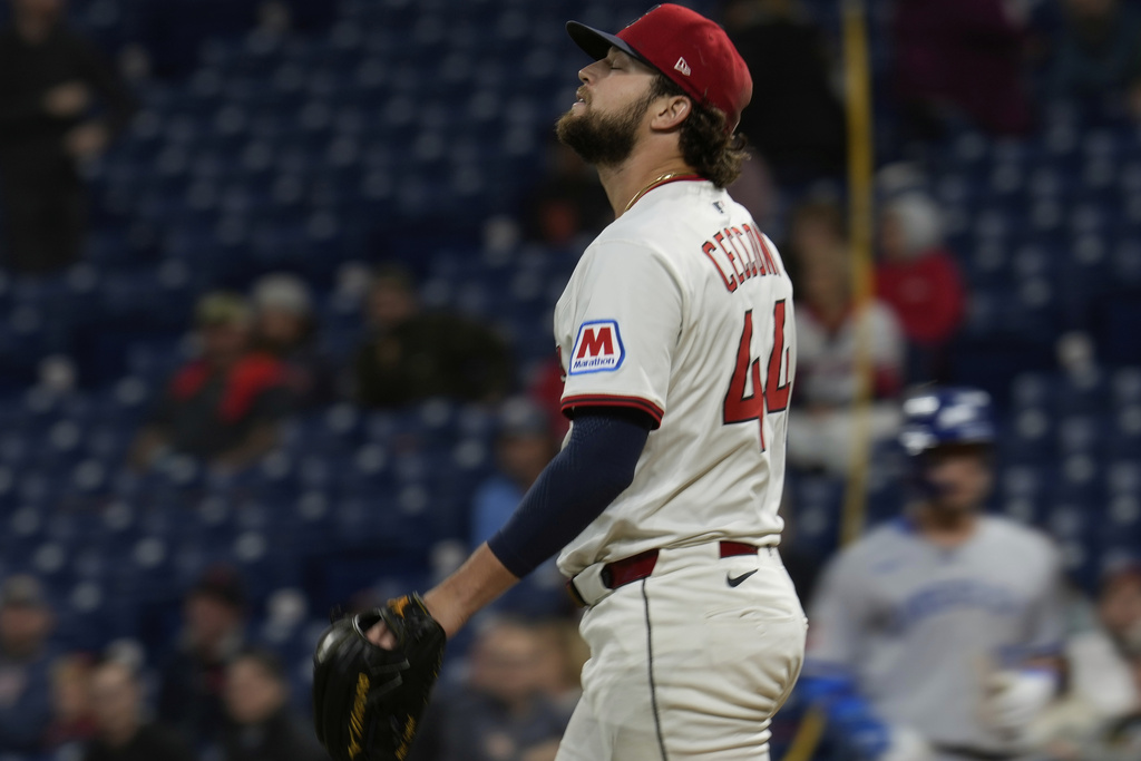 Cleveland Guardians starting pitcher Slade Cecconi reacts after giving up the first hit of the night to the Kansas City Royals in the inning of a baseball game in Cleveland, Monday, Sept. 8, 2025. (AP Photo/Sue Ogrocki)