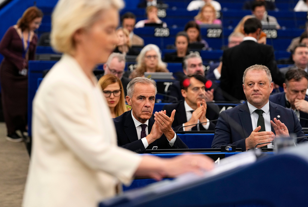 Canadian Prime Minister Mark Carney attends the State of the European Union address by President of the European Commission Ursula von der Leyen,at the European Parliament in Strasbourg, France, Wednesday, Sept. 16, 2026. (Justin Tang/The Canadian Press via AP)