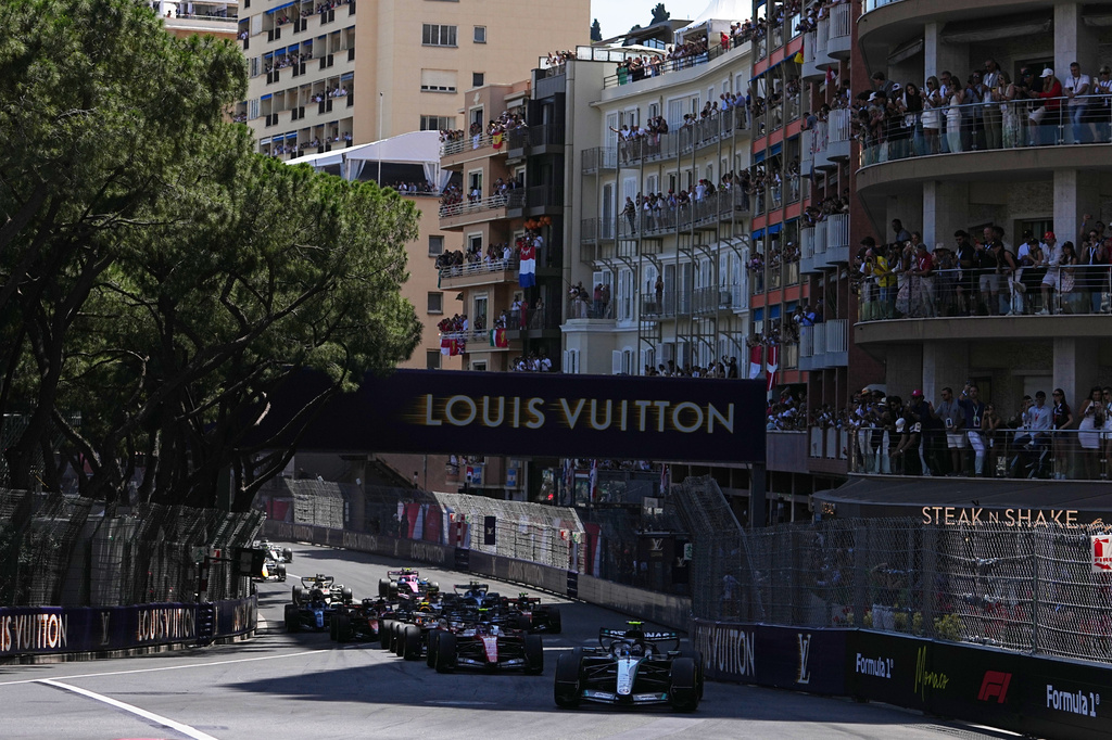 Italy's Andrea Kimi Antonelli steers his Mercedes as he leads during the Formula One Monaco Grand Prix race at the Monaco racetrack, Sunday, June 7, 2026. (AP Photo/Fatima Shbair)