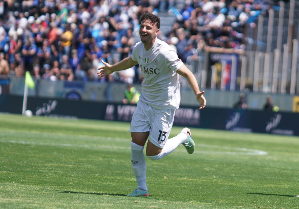 Napoli's Amir Rrahmani celebrates after scoring during the Serie A soccer match between Pisa and Napoli in Pisa, Italy, Sunday May 17 2026. (Alessandro La Rocca/LaPresse via AP)