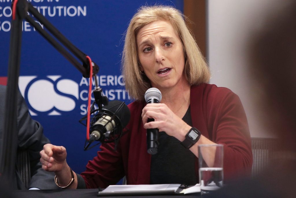 FILE - Dane County Circuit Court Judge Jill Karofsky speaks in Madison, Wis., on Nov. 19, 2019. (John Hart/Wisconsin State Journal via AP, File)