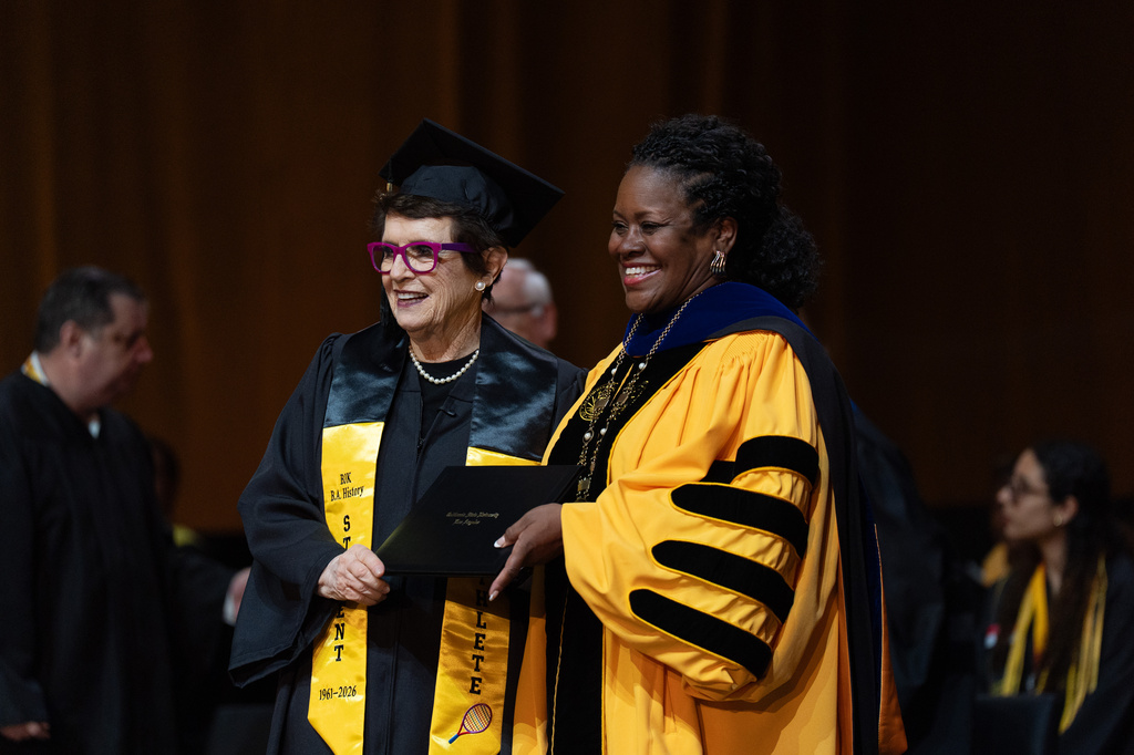 Tennis legend Billie Jean King, 82, left, poses with California State University, Los Angeles, President Berenecea Johnson Eanes after receiving her diploma during commencement in Los Angeles, Monday, May 18, 2026. (AP Photo/Jae C. Hong)