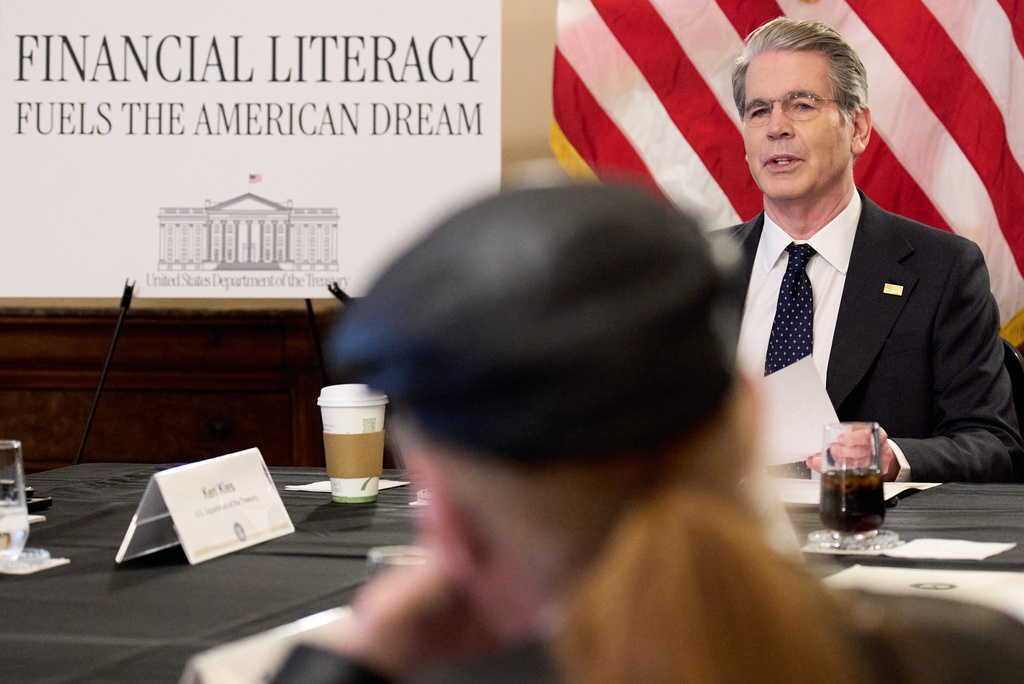 Treasury Secretary Scott Bessent speaks with members of the Association of Mature American Citizens (AMAC), about financial literacy, Wednesday, April 29, 2026, at the Treasury Department, in Washington. (AP Photo/Jacquelyn Martin)