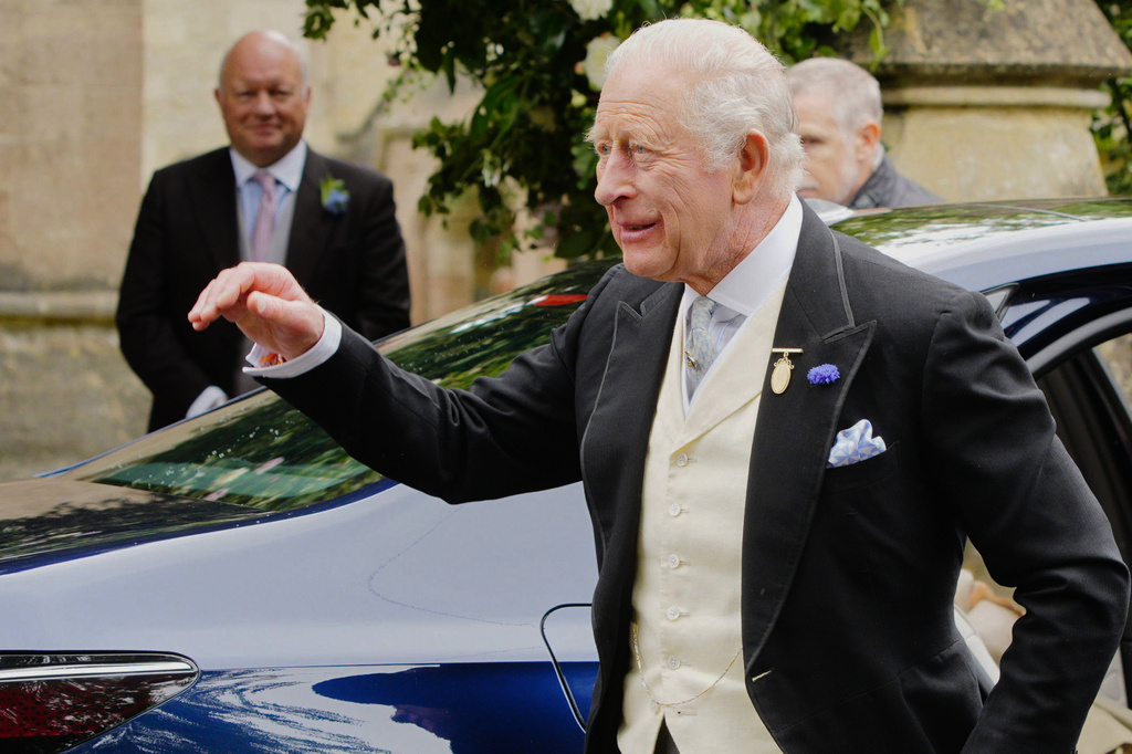 Britain's King Charles III arriving for the wedding of Harriet Sperling to Peter Phillips at All Saints Church in Kemble, England, Saturday June 6, 2026. (Ben Birchall/PA via AP)