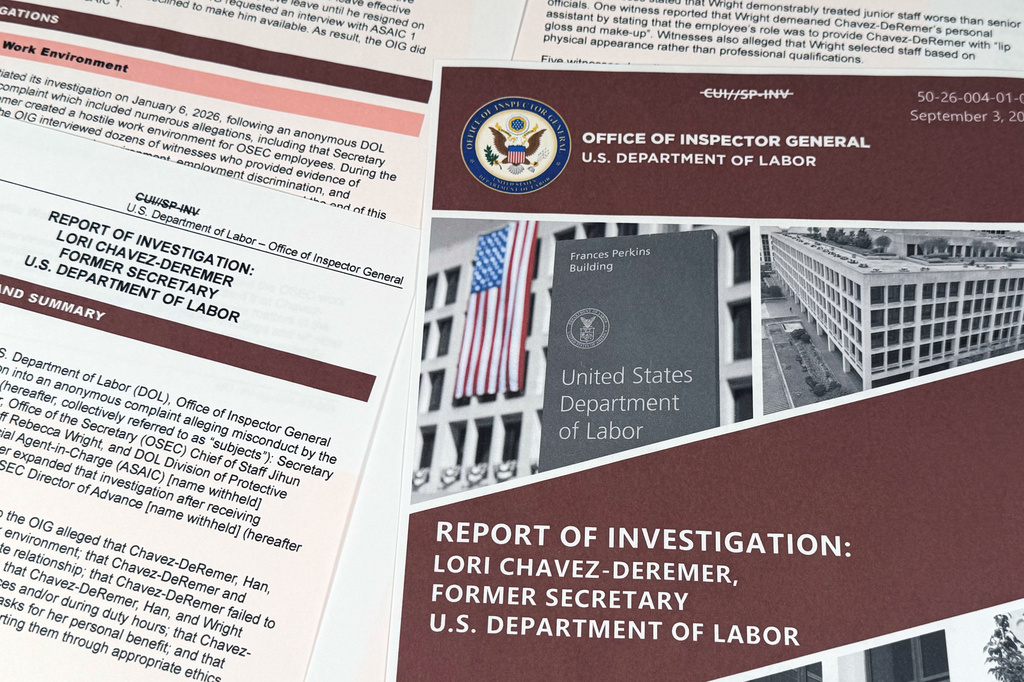 The report from the Office of Inspector General at the Labor Department regarding former Labor Secretary Lori Chavez-DeRemer is photographed Friday, Sept. 4, 2026. (AP Photo/Jon Elswick)