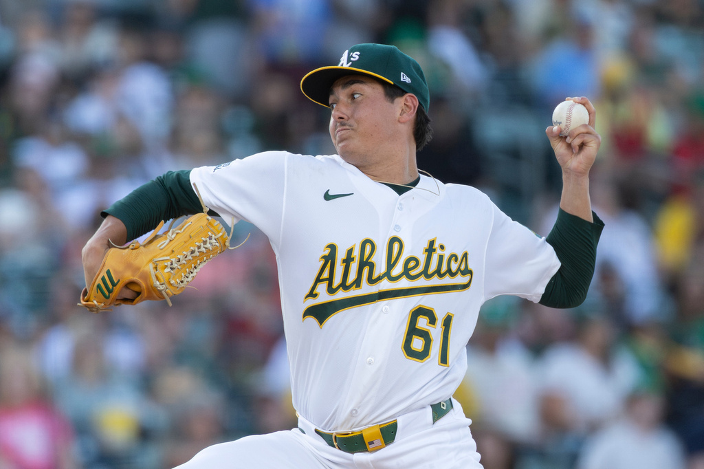 Athletics pitcher Gage Jump throws to the Washington Nationals during the first inning of a baseball game Friday, July 17, 2026, in West Sacramento, Calif. (AP Photo/Sara Nevis)