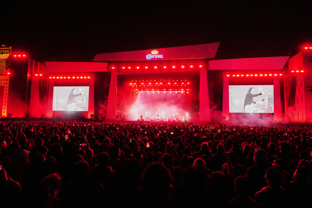 The band Foo Fighters performs during the Corona Capital music festival in Mexico City, Friday, Nov. 14, 2025. (AP Photo/Eduardo Verdugo)