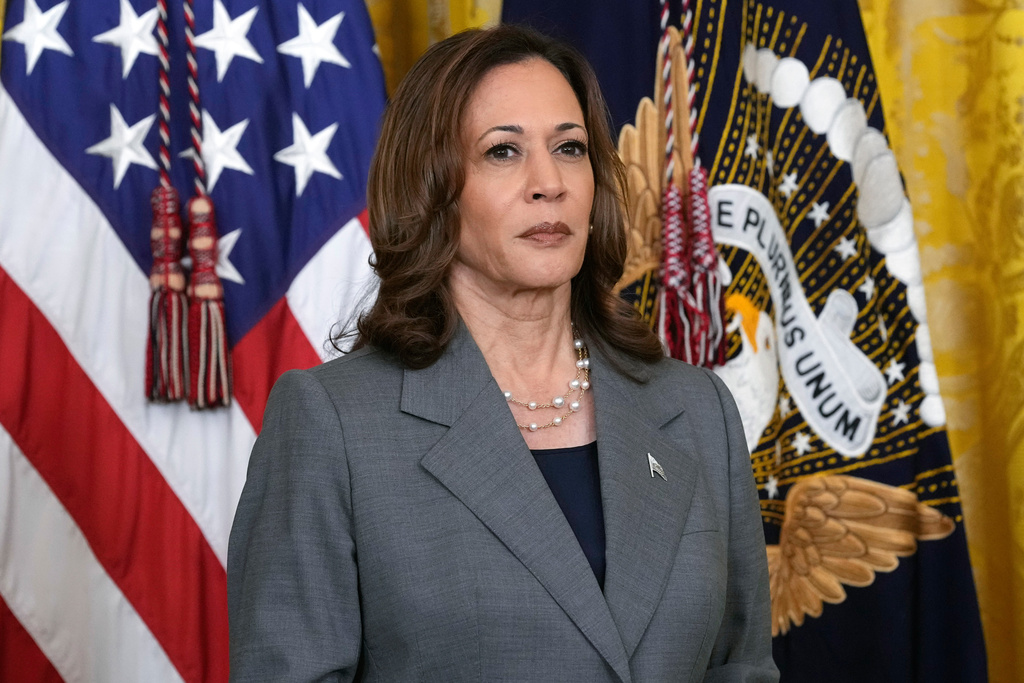 FILE - Vice President Kamala Harris listens during an event with President Joe Biden in the East Room of the White House in Washington, Sept. 26, 2024. (AP Photo/Susan Walsh, File)